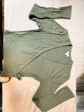 dip Olive Green Wrap Style  Ribbed Women's Top